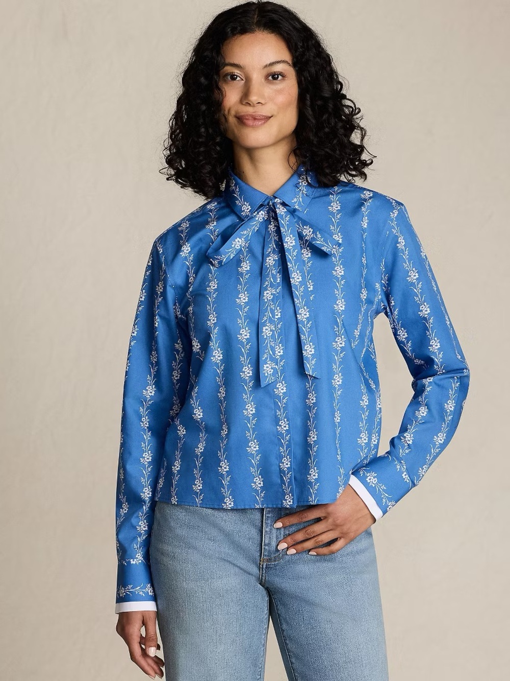 Lands' End Blue Floral Tie-Neck Button-Down Blouse